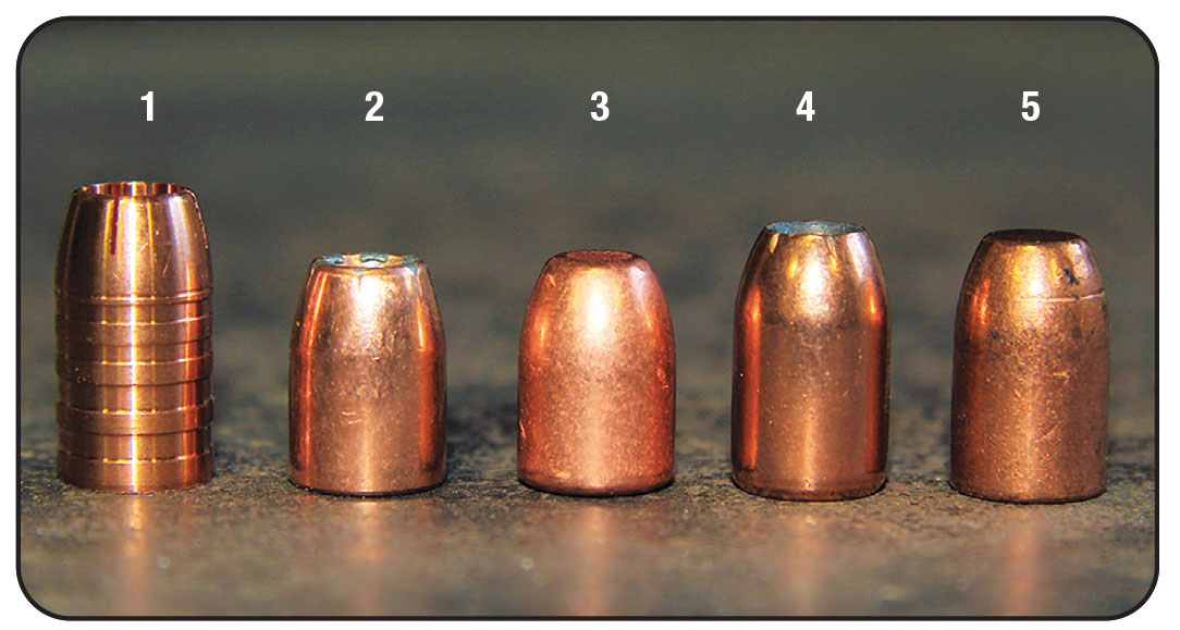 Bullets used for testing included: (1) Cutting Edge 150-grain Raptor, (2) Speer’s 165-grain Gold Dot, (3) Speer’s 180-grain Copper Plated, (4) Swift 180-grain A-Frame and (5) Hornady 200-grain Action Pistol.